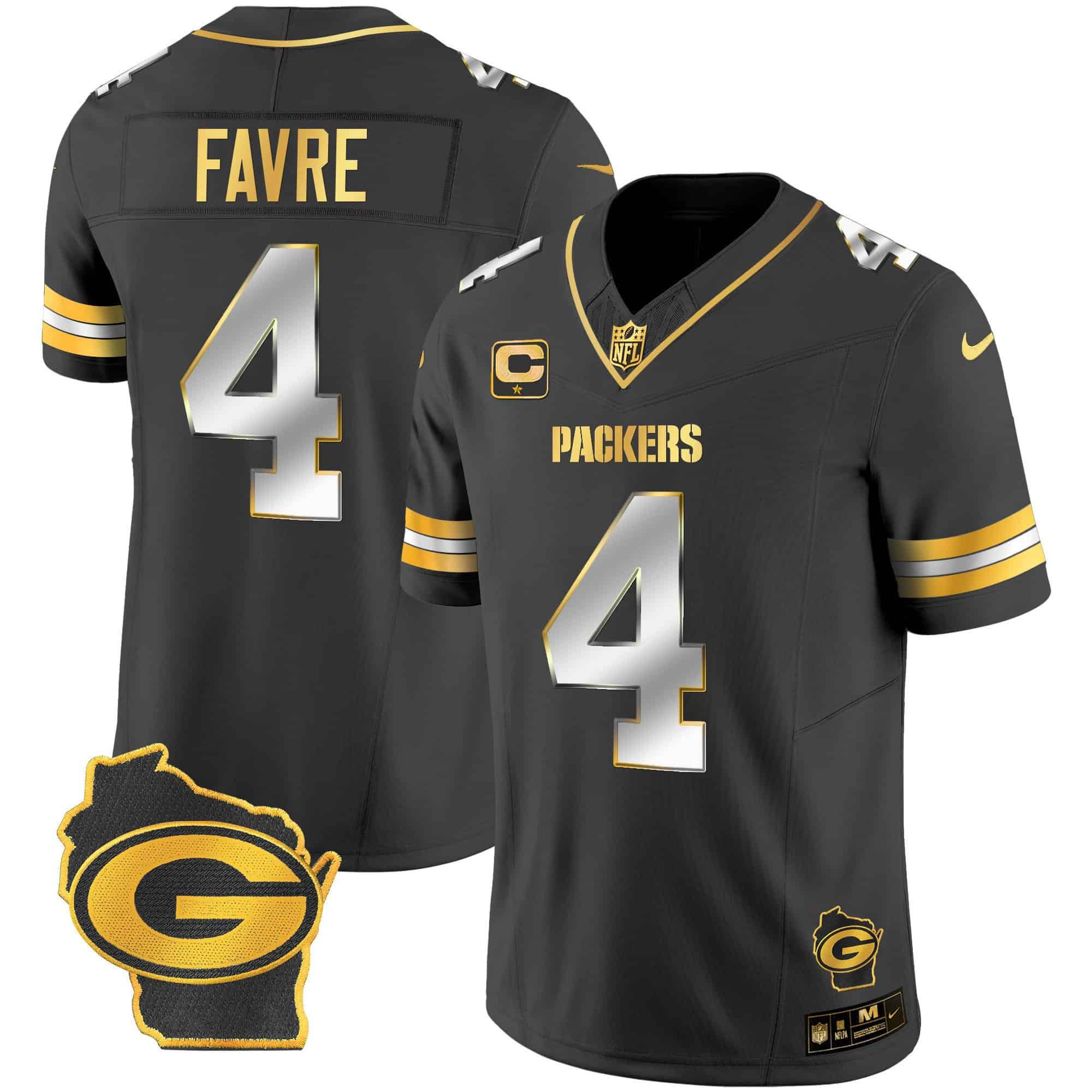 Men Green Bay Packers #4 Favre Black Gold 2024 Nike Home Patch Vapor NFL Jersey style 1